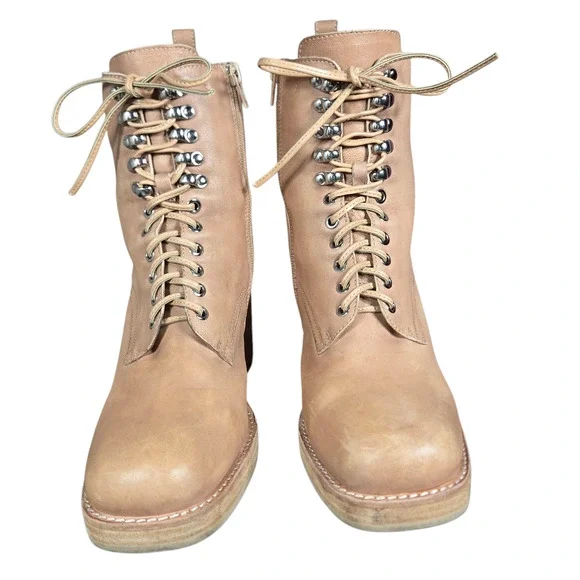 Jeffrey Campbell Dotti Boots Women 10 Beige Heeled Leather Lace Up Combat Anthro - Picture 6 of 11